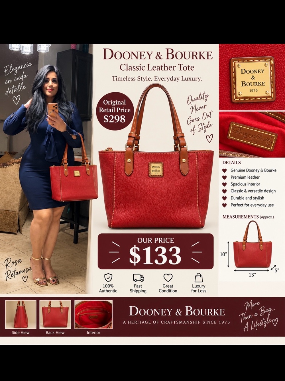 Dooney & Bourke Red Leather Tote with Tan Trim